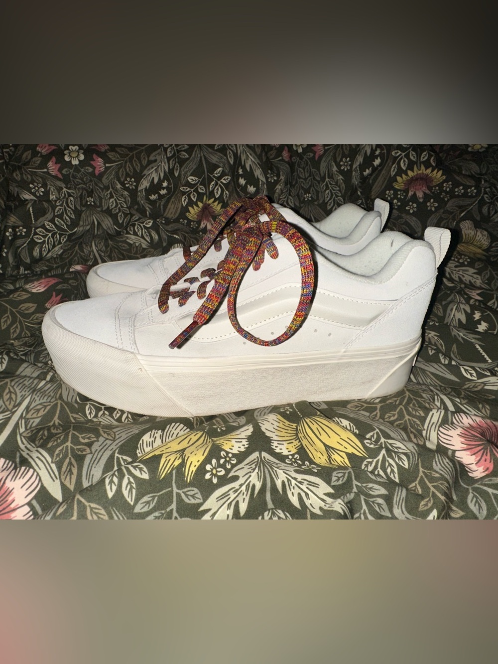 Women's White Platform Vans with Multicolor Laces